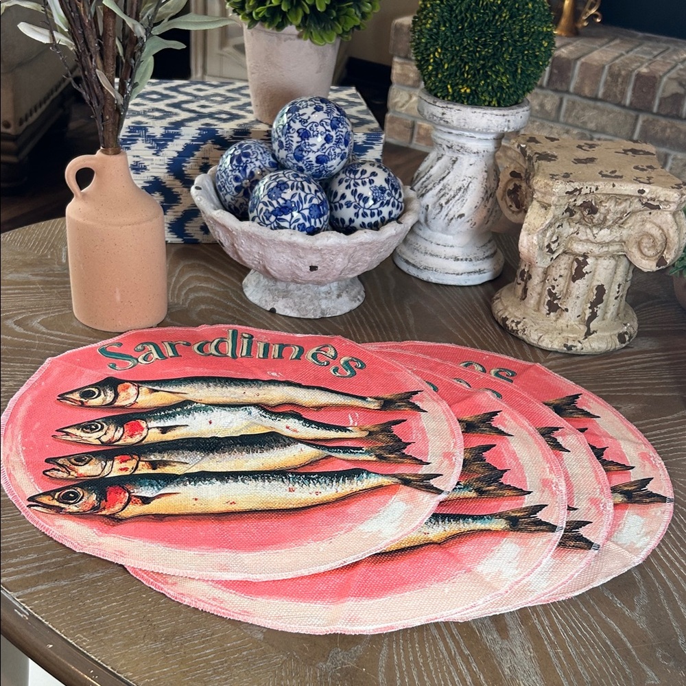 New! Vintage Inspired Mediterranean Pink Italian Sardines Placemats Set